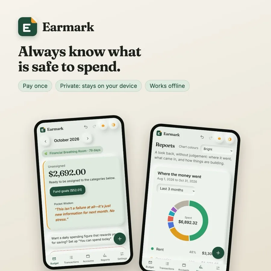 Earmark budget and reports screens on two phones