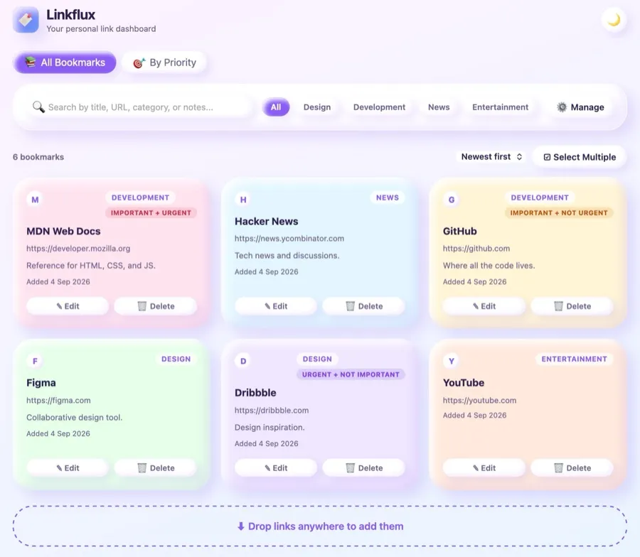 Linkflux dashboard with colourful bookmark cards